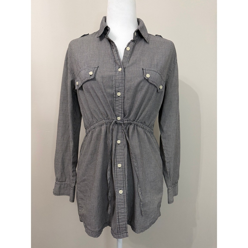 Size M - Gingham Button Down Tunic Shirt Dress Drawstring Waist